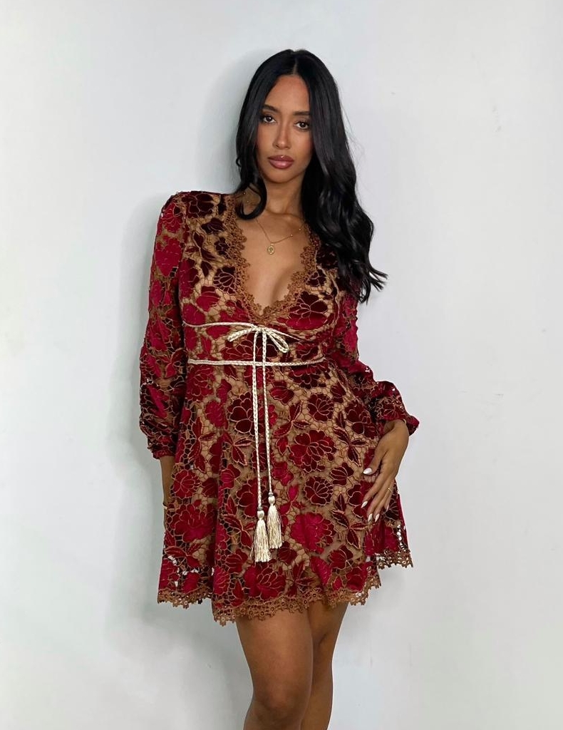 Bungundy Flowers Long Sleeve Short Dress