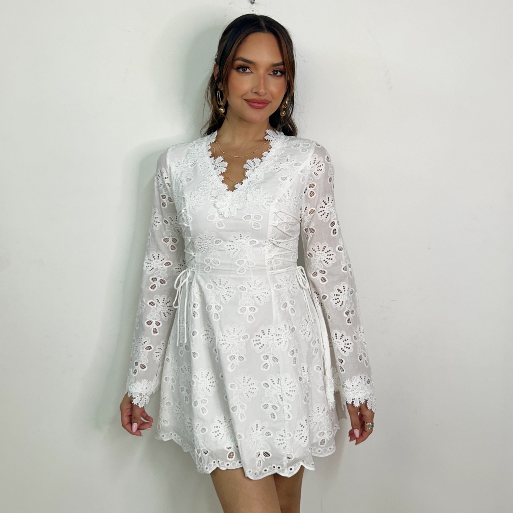 LACE TRIM EYELET MINI DRESS