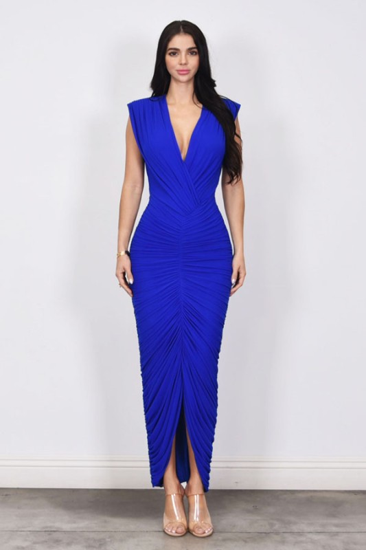 ROYAL BLUE V CUT LYCRA MAXI DRESS