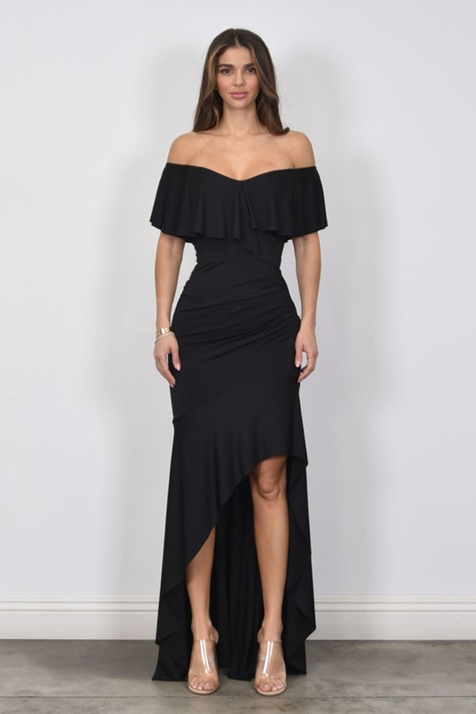 OFF SHOULDER RUFFLED BLACK MAXI DRESS